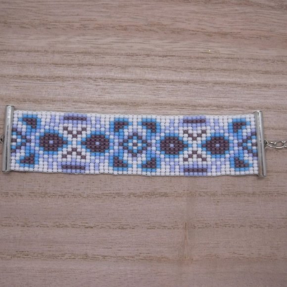 Loom Baded Bracelet White, Teal & Purple - Picture 3 of 5